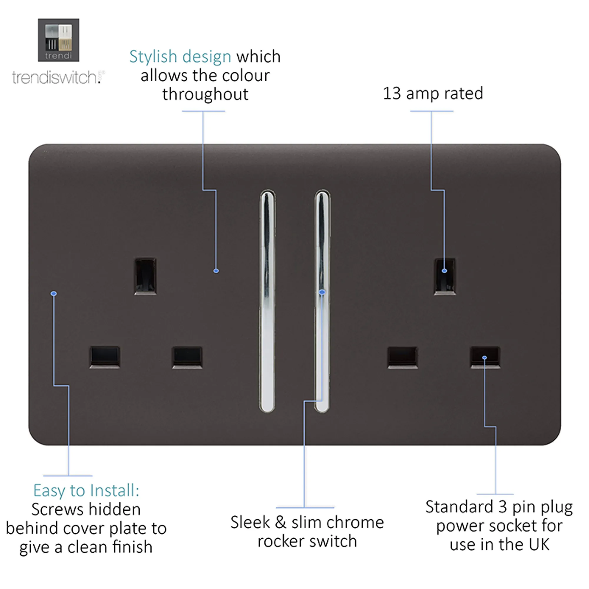 2 Gang 13Amp Long Switched Double Socket Dark Brown ART-SKT213LDB  Trendi Dark Brown
